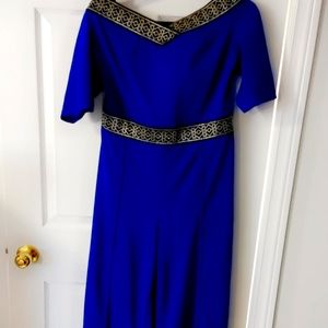 Royal blue zipper off shoulder black & Gold designs wide leg jumpsuit size XL)